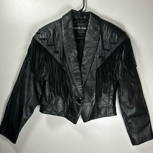 Vintage black Genuine leather motorcycle fringe jacket